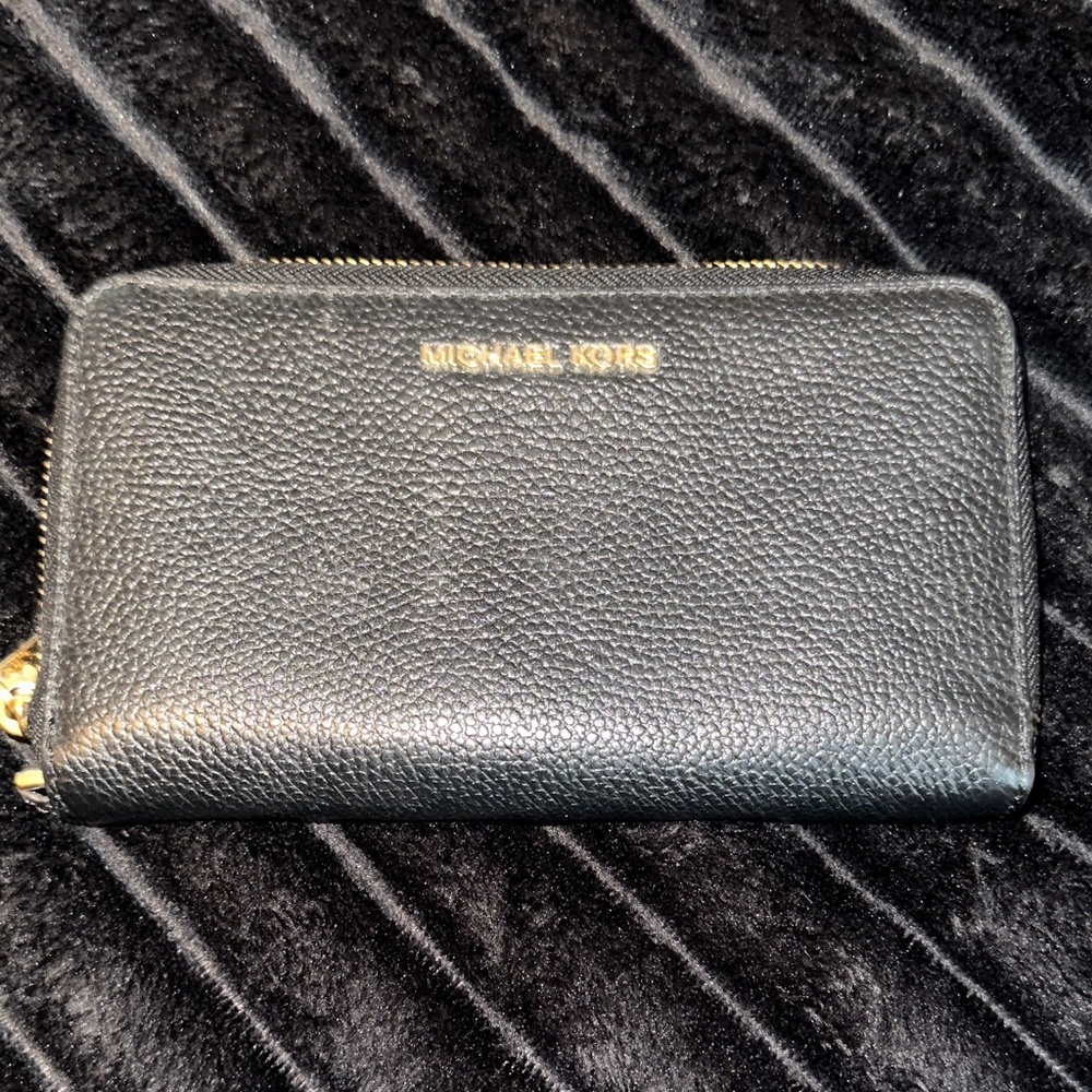 Michael Kors Black Pebbled Leather Zip Wallet with Gold Logo